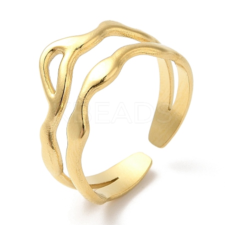 304 Stainless Steel Hollow Wave Open Cuff Ring for Women RJEW-I098-03G-1