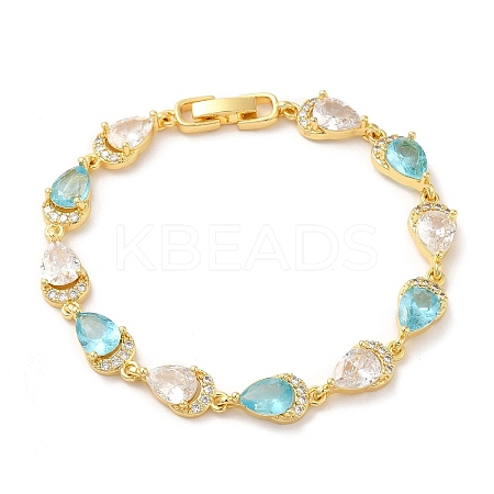 Glass Teardrop with Cubic Zirconia Link Chain Bracelet BJEW-M296-04G-1