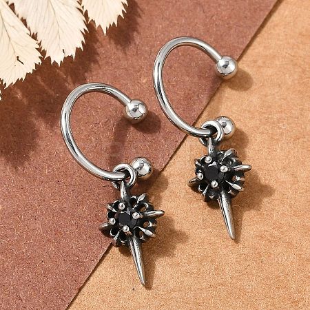Flower 316 Surgical Stainless Steel & Black Glass Dangle Half Hoop Earrings for Women EJEW-G416-49AS-1
