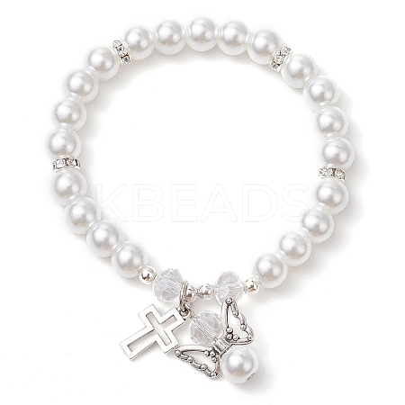 Alloy & Pearlized Glass Pearl Beads Stretch Bracelets for Women BJEW-JB11364-01-1