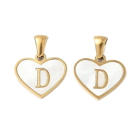 304 Stainless Steel Pave Natural White Shell Heart with Initial Slice Pendants STAS-R168-25G-D-1