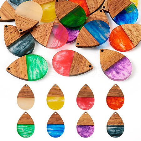 16Pcs 8 Colors Transparent Resin & Walnut Wood Pendants RESI-TA0002-66-1