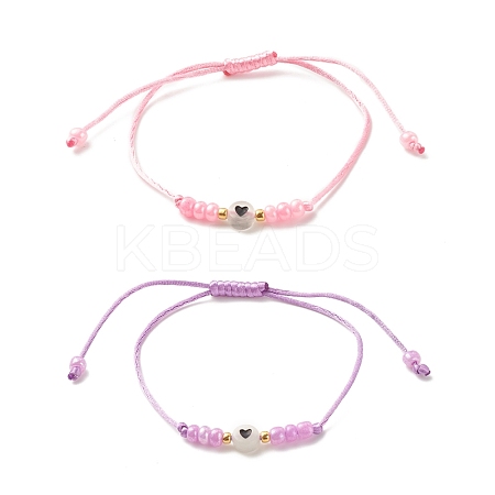 2Pcs Flat Round with Heart Acrylic Braided Bead Bracelets Set with Glass Seed BJEW-JB08034-04-1