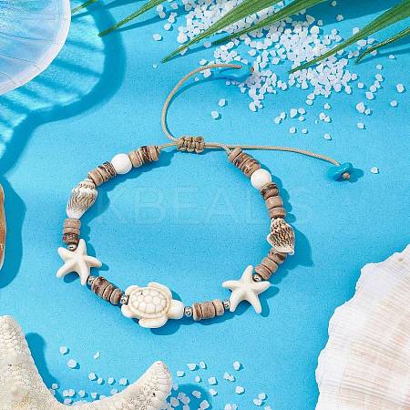 Ocean Theme Starfish Turtle Synthetic Turquoise & Coconut Braided Bead Bracelet Sets BJEW-JB11460-02-1