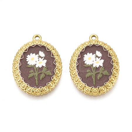 Vintage Printed Style 304 Stainless Steel Oval with Sunflower Pendants STAS-T071-29C-G-1