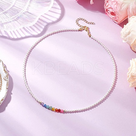 3mm Round Chakra Gemstone & Shell Pearl Beaded Necklaces for Women NJEW-JN05190-1
