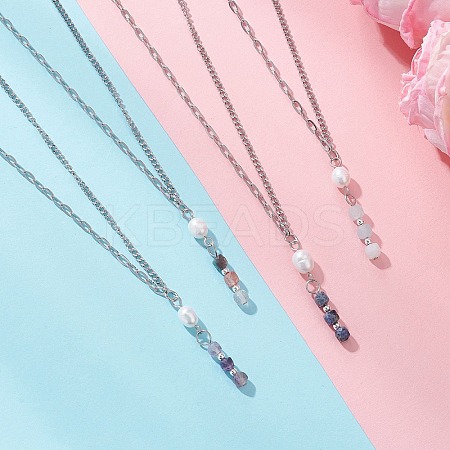 Natural & Synthetic Mixed Stone Faceted Cube & Rice Natural Pearl Beaded Pendant 304 Stainless Steel Cable Chain Twisted Chain Necklaces NJEW-JN05846-1