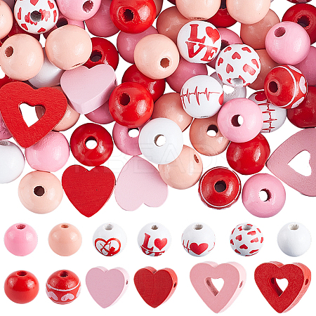 Valentine's Day Spray Painted Natural Wood Beads WOOD-SP0001-26-1