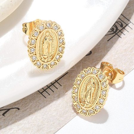 Oval with Virgin Mary Brass Micro Pave Clear Cubic Zirconia Stud Earrings EJEW-D305-10G-1