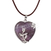 Natural Amethyst Heart Pendant Necklace with Cowhide Leather Cords NJEW-JN04598-01-1