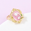 Brass Pearl Pink Enamel Flower Cuff Rings RJEW-C139-18A-G-2