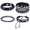 4Pcs 4 Styles Punk Style Hematite Round Beaded Stretch Bracelets & Rivets Bracelets  with Alloy Braided Bead Bracelets & Imitation Leather Bangles for Men Women BJEW-WH20002-09A-6