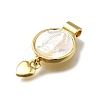 Brass Pave Natural White Shell Flat Round with Heart Pendants KK-C090-37G-3