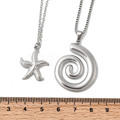 2Pcs 2 Styles 304 Stainless Steel Starfish Spiral Shell Shape Pendant Necklaces for Women NJEW-F358-01P-1