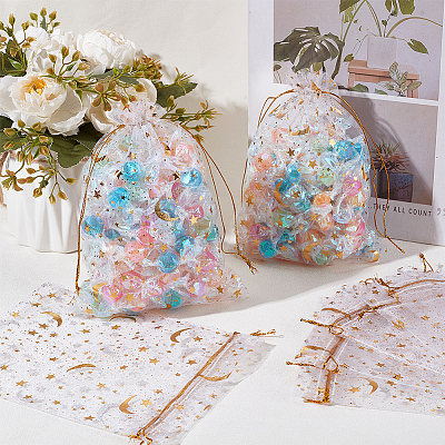 50Pcs Gold Stamping Moon & Star Organza Drawstring Gift Storage Bags OP-BBC0001-03C-01-1