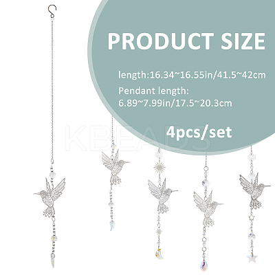 4Pcs Glass & Stainless Steel Hummingbird Hanging Suncatchers HJEW-FH00199-1
