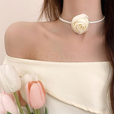 1Pc Fabric French Rose Flower Pendant PU Leather Choker Women's Necklaces NJEW-CL0001-06C-1