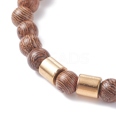 Natural Wenge Wood Round Beaded Stretch Bracelet with Synthetic Hematite for Men Women BJEW-JB07549-03-1