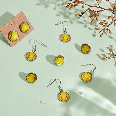 10 Pairs 2 Styles Baseball Stainless Steel Glass Dangle Earring & Stud Earring Sets EJEW-ME0001-17-1