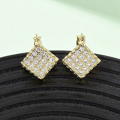 Brass Micro Pave Cubic Zirconia Rhombus Hoop Earrings EJEW-B153-09G-1