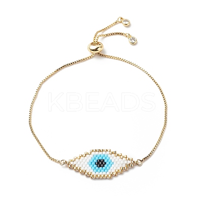 Japanese Seed Braided Rhombus with Evil Eye Link Slider Bracelet BJEW-MZ00001-02-1