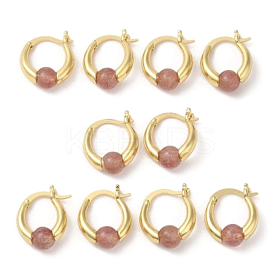 Natural Strawberry Quartz Round Beaded Hoop Earrings EJEW-A099-03G-02-1