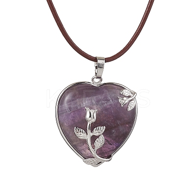 Natural Amethyst Heart Pendant Necklace with Cowhide Leather Cords NJEW-JN04598-01-1