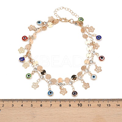 Alloy Crystal Rhinestone Disc Resin Evil Eye Tassel Double Layer Anklets for Women LS-AJEW-A069-02G-1