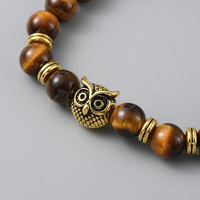 Natural Tiger Eye Round & Alloy Owl Beaded Stretch Bracelet for Women BJEW-WH0012-10A-1
