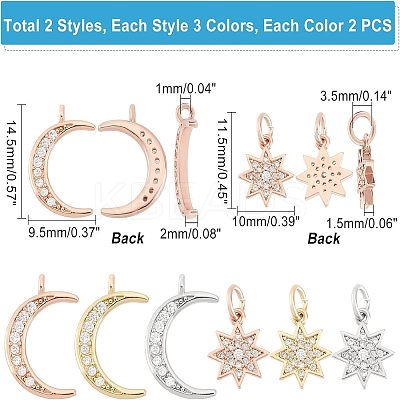 12Pcs 6 Style Brass Micro Pave Clear Cubic Zirconia Charms KK-FH0003-88-1