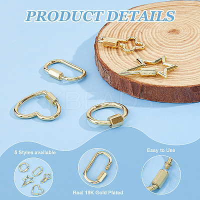5Pcs 5 Styles Brass Screw Carabiner Lock Charms KK-HS0015-15-1