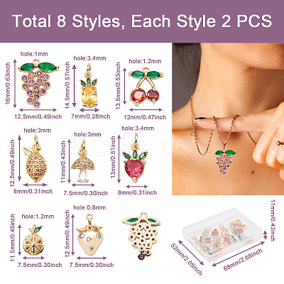 16Pcs 8 Style Brass Micro Pave Gold Cubic Zirconia Charms ZIRC-FW0001-01-1