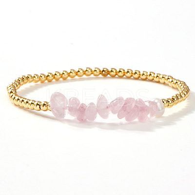 Brass & Natural Rose Quartz Chip Beads Stretch Bracelets for Women DR0558-5-1
