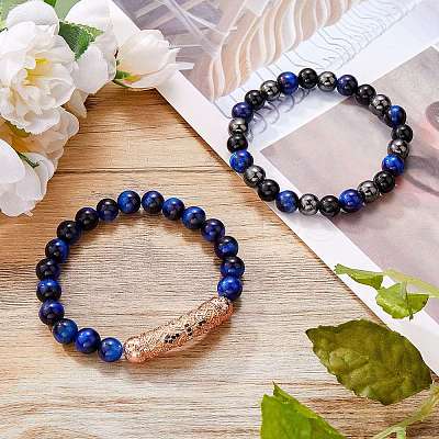 2Pcs 2 Style Dyed & Heated Natural Tiger Eye & Gemstone Stretch Bracelets Set BJEW-SW00090-1