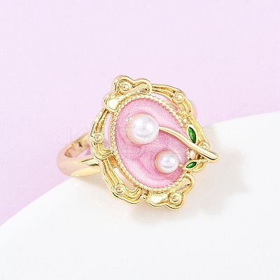 Brass Pearl Pink Enamel Flower Cuff Rings RJEW-C139-18A-G-1