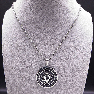 201 Stainless Steel Black Enamel Rune Tree of Life Pendant Necklaces for Men LS-NJEW-K283-27P-1
