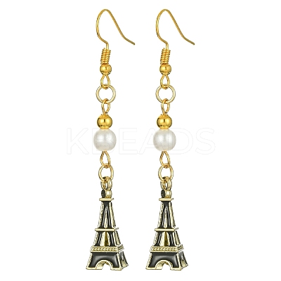 Alloy Enamel Eiffel Tower Dangle Earrings with Imitation Pearl Beaded EJEW-JE05422-04-1