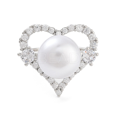 Heart Brass Micro Pave Clear Cubic Zirconia Open Cuff Ring for Women RJEW-C102-03P-1
