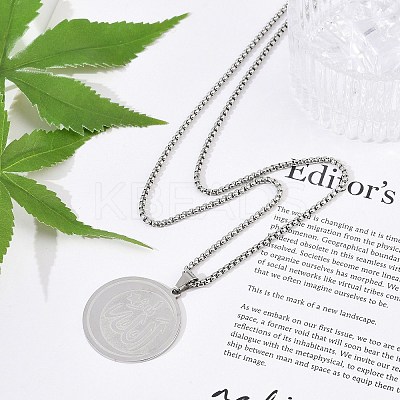 201 Stainless Steel Flat Round with Arabic Pendant Box Chain Necklaces for Women Men LS-NJEW-R013-03P-1