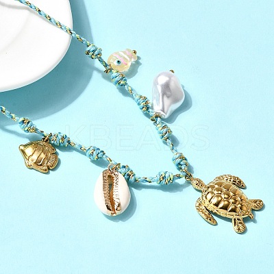 Summer Beach 304 Stainless Steel & Electroplated Natural Shell Pendant Adjustable Polyester Cord Necklaces for Women NJEW-F348-01E-G-1
