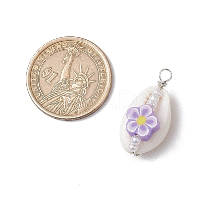 Natural Cowrie Shell & Handmade Polymer Clay Copper Wire Wrapped Pendants PALLOY-JF03818-01-1
