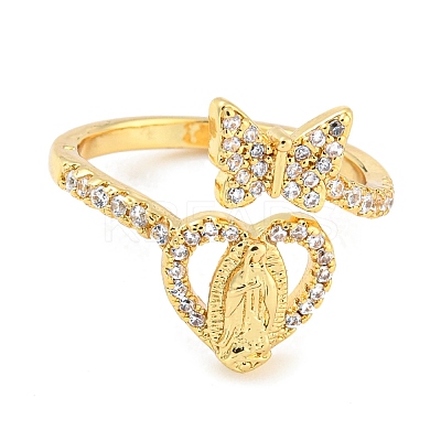 Butterfly & Heart Brass Micro Pave Cubic Zirconia Open Cuff Rings RJEW-P094-01G-1