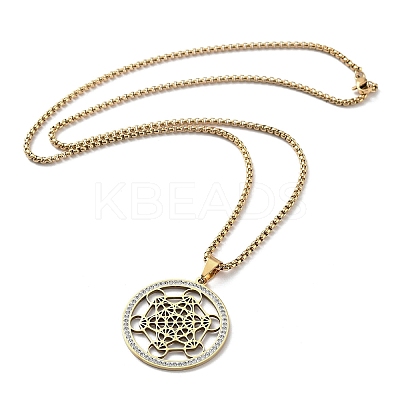 Crystal Rhinestone Flat Round with Hexgon Pendant Necklace with 201 Stainless Steel Box Chains NJEW-K253-11G-1