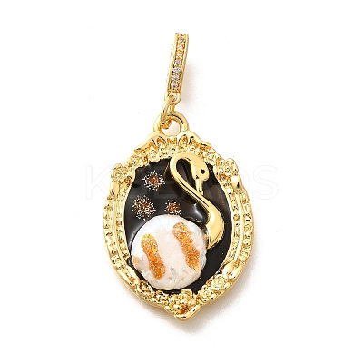 Brass Black Enamel Oval Pendants with Glitter Powder KK-K398-15G-1