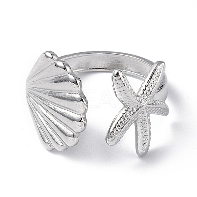304 Stainless Steel Shell with Starfish Open Cuff Ring for Women LS-RJEW-C046-03P-1