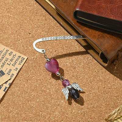 3Pcs 3 Colors Glass Bead Heart Angel Bookmarks AJEW-JK00276-1