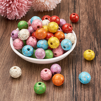 80Pcs 8 Colors Printed  Natural Wood Beads WOOD-FW0001-10-1