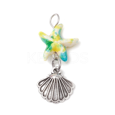 Starfish/Sea Stars Dyed Synthetic Turquoise & Alloy Shell Shape Pendants PALLOY-JF03957-02-1