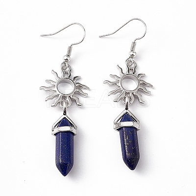 Natural Lapis Lazuli Bullet with Sun Dangle Earrings EJEW-I276-01P-14-1