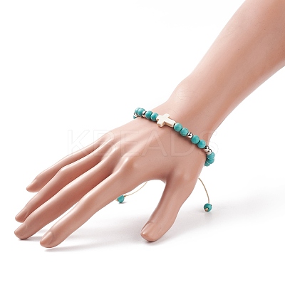 Synthetic Turquoise(Dyed) Braided Bead Bracelet with Synthetic Magnesite Cross BJEW-TA00146-02-1